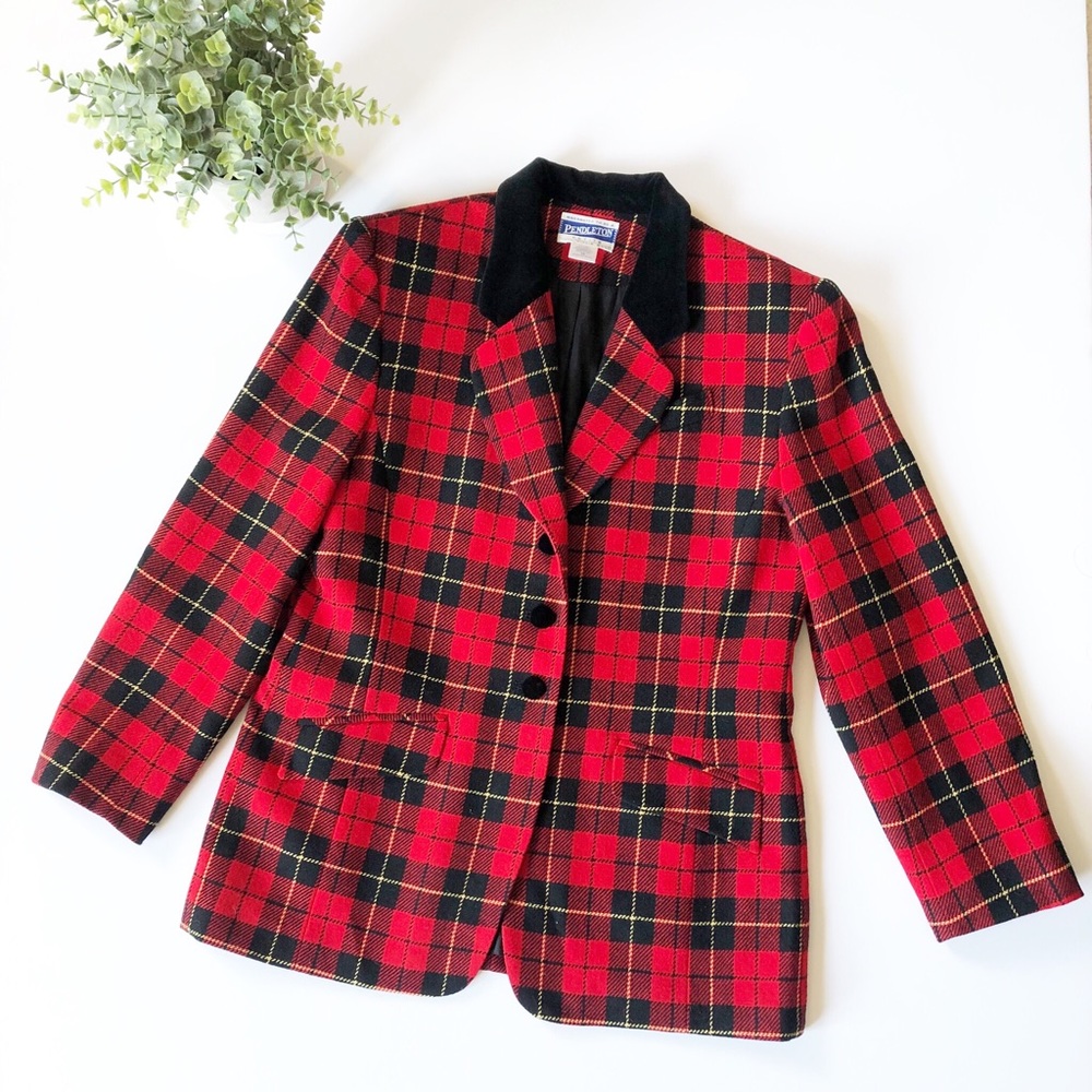 Pendleton Vintage 100% Wool Tartan Scottish Plaid Red Blazer Size 10 Petite